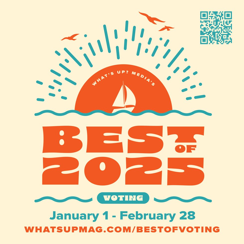 Best of 2025" voting promotional poster with sun and sailboat graphic. Voting period: January 1 - February 28. Website: whatsupmag.com/bestofvoting. QR code in the top right corner.