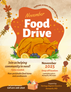 A flyer promoting a November 2025 food drive with a roast turkey illustration, details on needed items, drop-off location, and contact information.