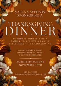 Thanksgiving dinner nomination flyer with fall floral border, detailing nomination for a family-style meal, submission deadline, and contact information.