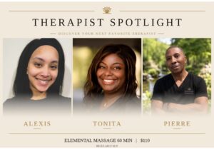 Three massage therapists, Alexis, Tonita, and Pierre, are featured in individual portrait photos for a therapist spotlight promotion. - Varuna Salon Spa in Annapolis, MD