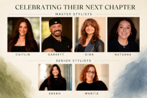 Group portrait of six hairstylists labeled as Master and Senior Stylists, each named and photographed individually with smiling expressions, under the heading “Celebrating Their Next Chapter.”. - Varuna Salon Spa in Annapolis, MD